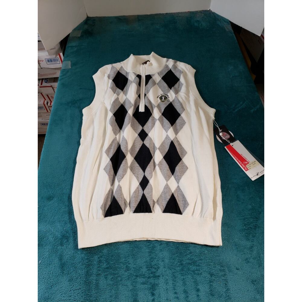 Glen Echo Sweater Vest Size Large Mens White Argyle Front Zip Golf NWT